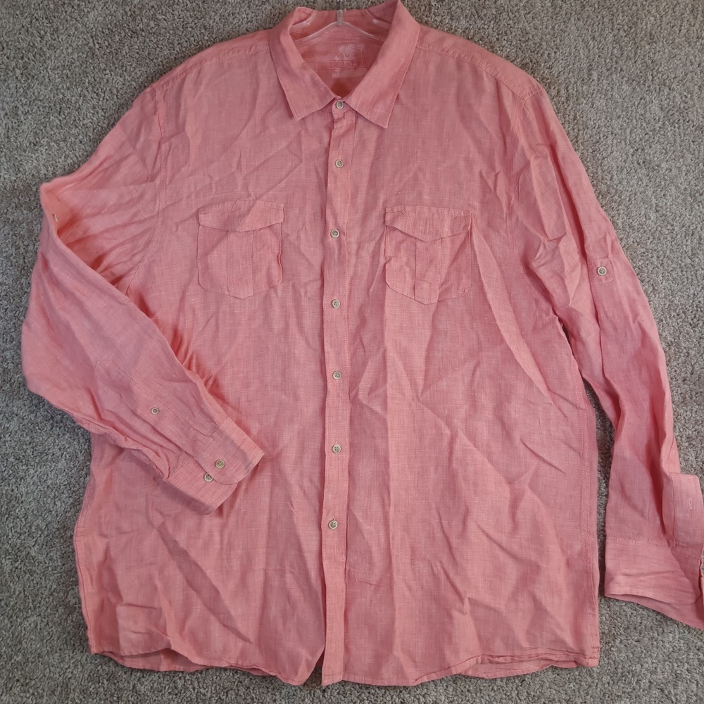Islander Mens XXL Coral Pink 100% Linen Long Sleeve Roll Tab Button Down Shirt